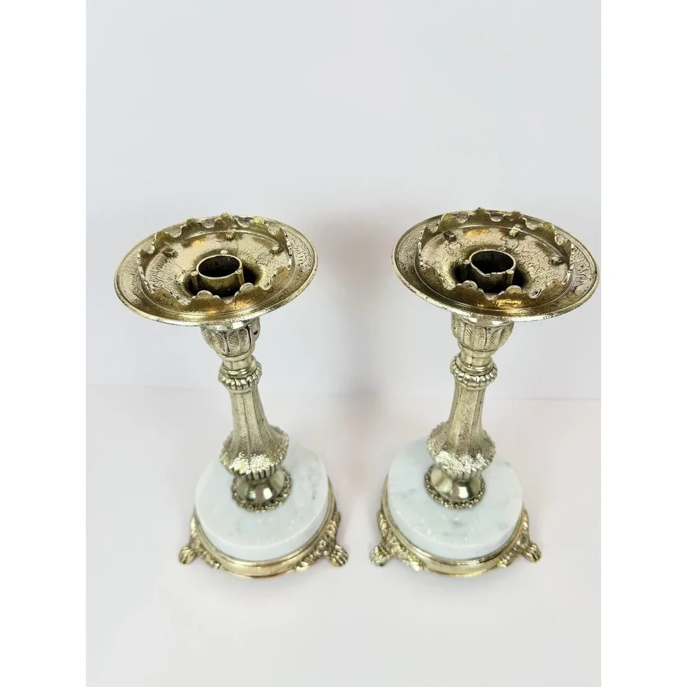 Vintage Hollywood Regency Candlesticks Brass Tone, White Marble Bases (10